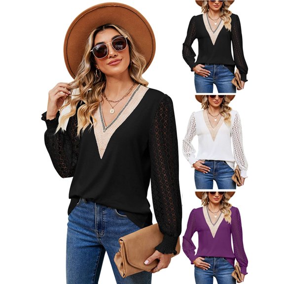 PULLIMORE Long Sleeve Shirts for Women Fall V Neck Lace Tops Tunics Casual Loose Blouses