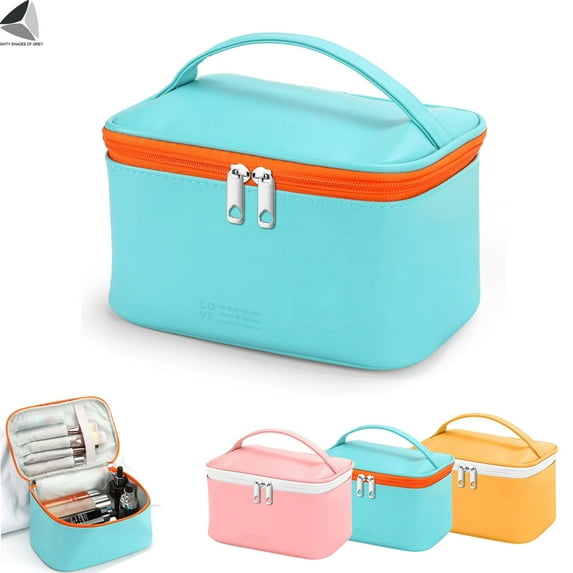 PULLIMORE Makeup Bag Portable Travel Cosmetic Bag for Women, PU Leather Beauty Zipper Makeup Organizer Washable Waterproof (Blue)