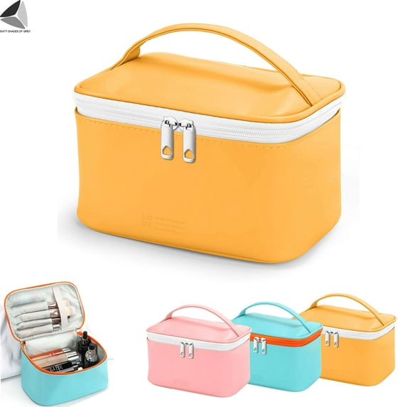 PULLIMORE Makeup Bag Portable Travel Cosmetic Bag for Women, PU Leather Beauty Zipper Makeup Organizer Washable Waterproof (Yellow)