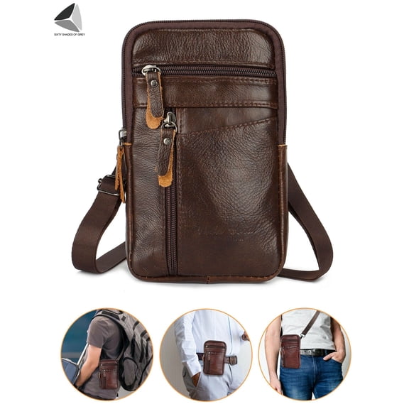 PULLIMORE Men Leather Cell Phone Pouch Belt Bag Shoulder Waist Crossbody Pack Case