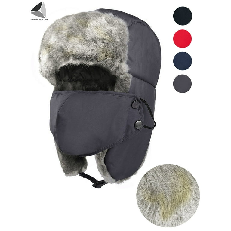 PULLIMORE Men Women Trooper Trapper Hat Warm Winter Hats with Ear Flap Faux Fur Hunting Aviator Hat Gray