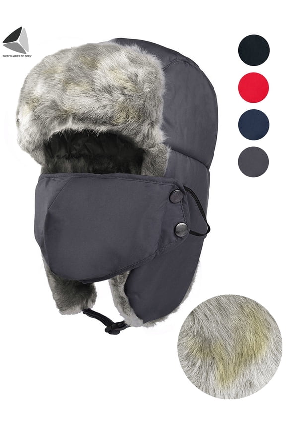 Men Women Trooper Trapper Hat Warm Winter Hats with Ear Flap Faux Fur Hunting Aviator Hat (Gray)