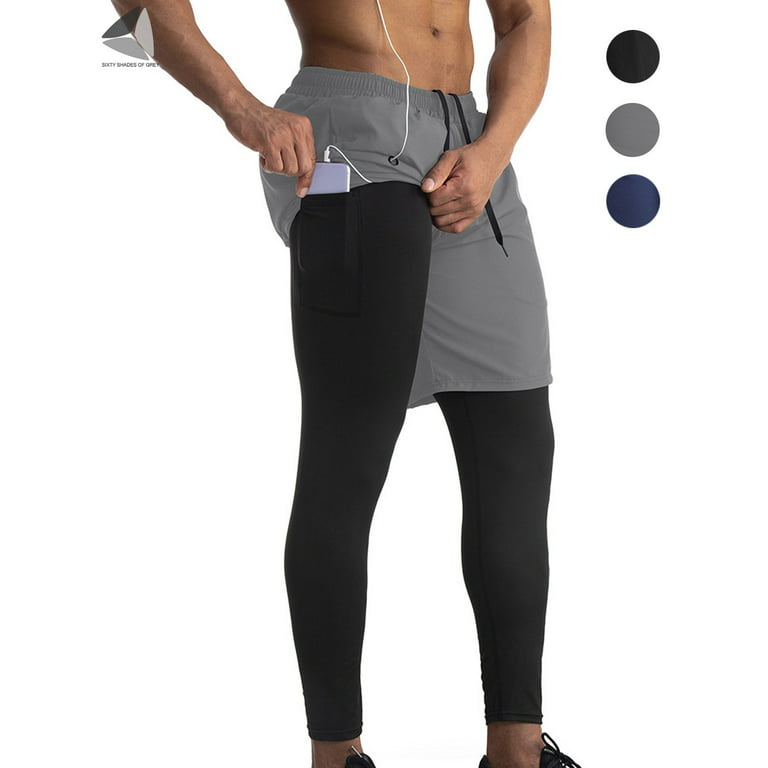 PULLIMORE Men's 2 in 1 Running Compression Short and Sweatpants Breathable  Athletic Workout Legging with Inner Pocket (2XL, Gray) 