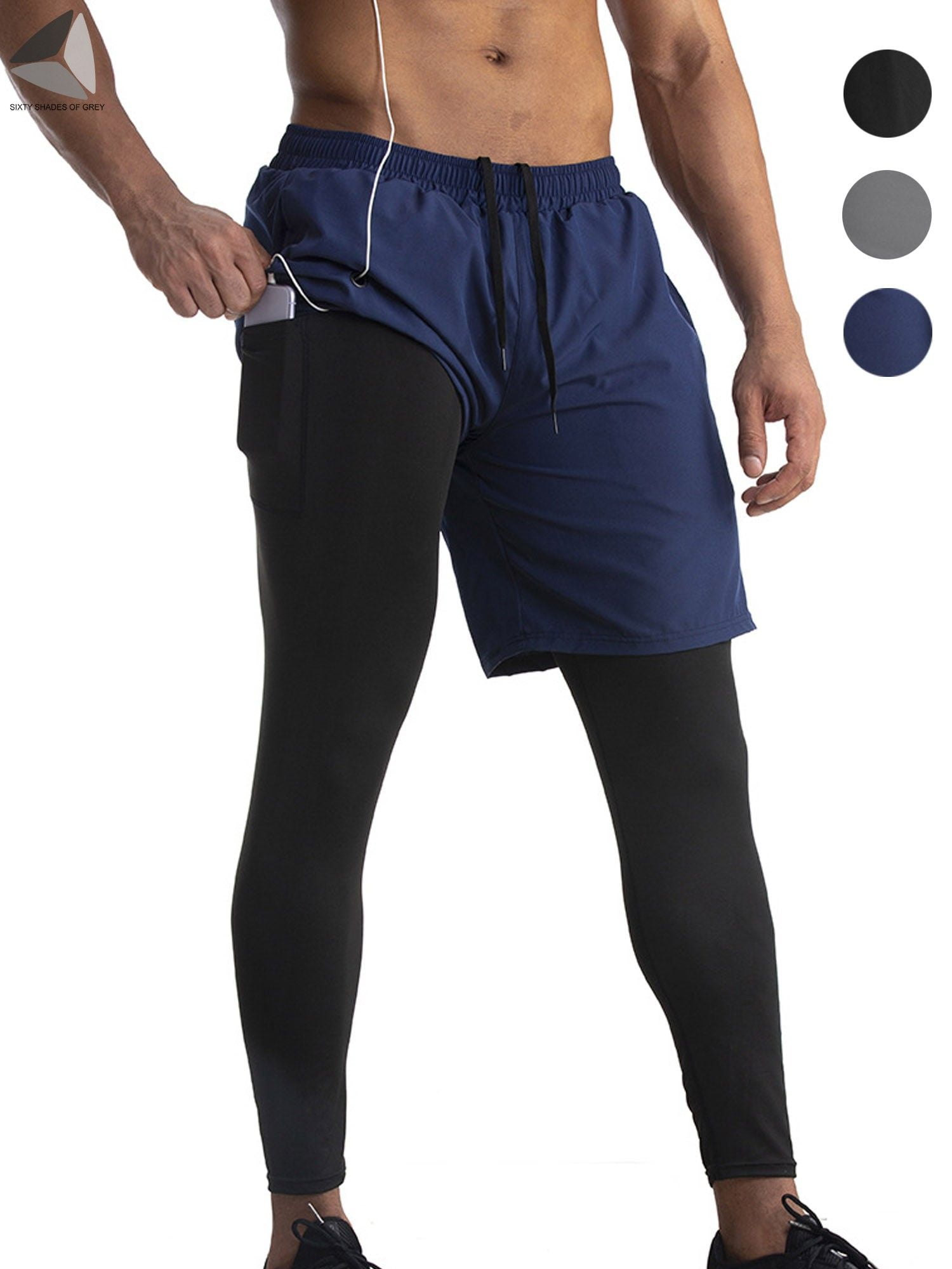 PULLIMORE Men's 2 in 1 Running Compression Short and Sweatpants Breathable  Athletic Workout Legging with Inner Pocket (M, Navy Blue) 