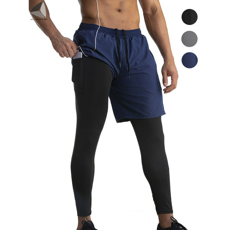 PULLIMORE Men's 2 in 1 Running Compression Short and Sweatpants Breathable  Athletic Workout Legging with Inner Pocket (M, Navy Blue)