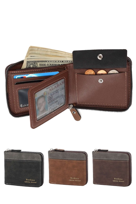 Mens Wallet Zipper PU Leather RFID Card Holders Cowhide Zip Coin Pocket Bifold Wallets (Black)