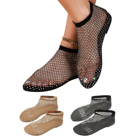 PULLIMORE Mesh Flats for Women Comfortable Fishnet Rhinestone Summer Flats Slides Sandals, Black Size 7-8