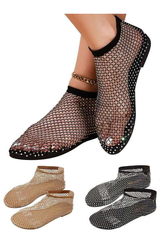 Mesh Flats for Women Comfortable Fishnet Rhinestone Summer Flats Slides Sandals, Black Size 9-10