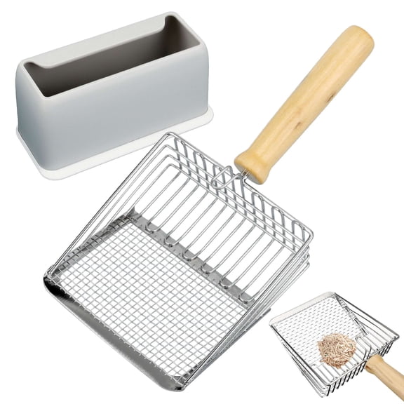PULLIMORE Metal Cat Litter Scoop with Holder, Deep Sifting Poop Scooper Stand