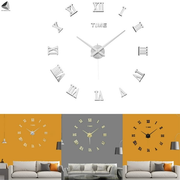 PULLIMORE Modern DIY Large Wall Clock 3D Mirror Roman Number Clock Sticker Home Office Room Decor (Gold)