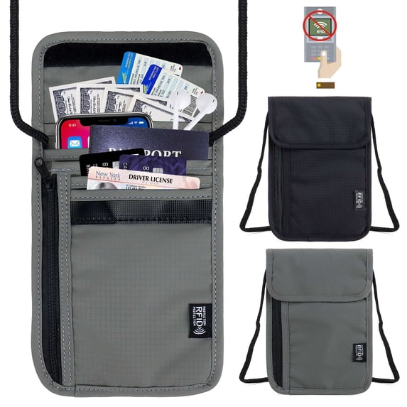 PULLIMORE Neck Wallet Passport Holder w/ RFID Blocking Security Travel Pouch Slim Traveling Wallet(Gray#2)