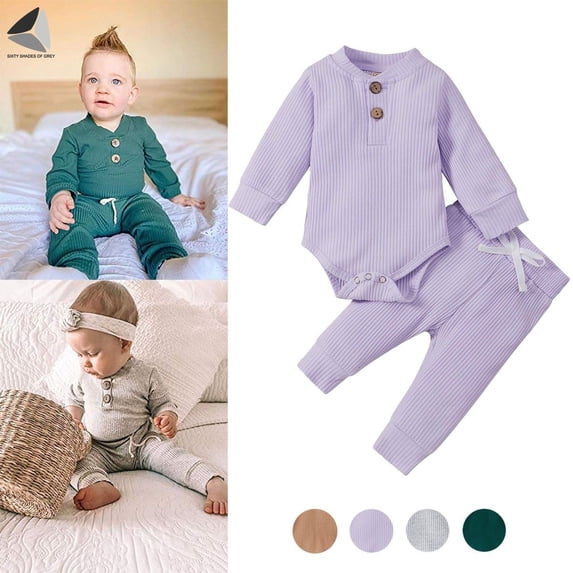 PULLIMORE Newborn Baby Boys Girls Ribbed Clothes 2 PCS Long Sleeve Romper Pants Infant Jumpsuit (Purple, 12-18 Months)