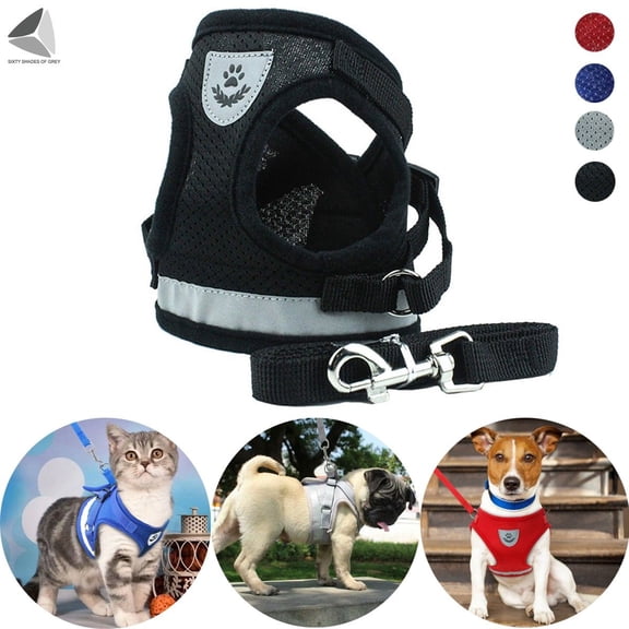 PULLIMORE No Choke Dog Harness Leash Set Adjustable Reflective Puppy Vest Harness for Small Dogs Cats (M, Black)