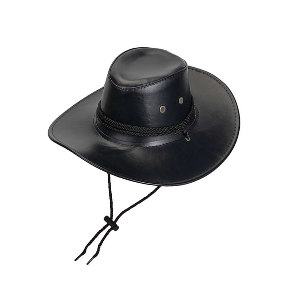 PULLIMORE PU Leather Cowboy Hat - Adjustable Chin Strap, Sun Protection Brim, Breathable Mesh (Black)