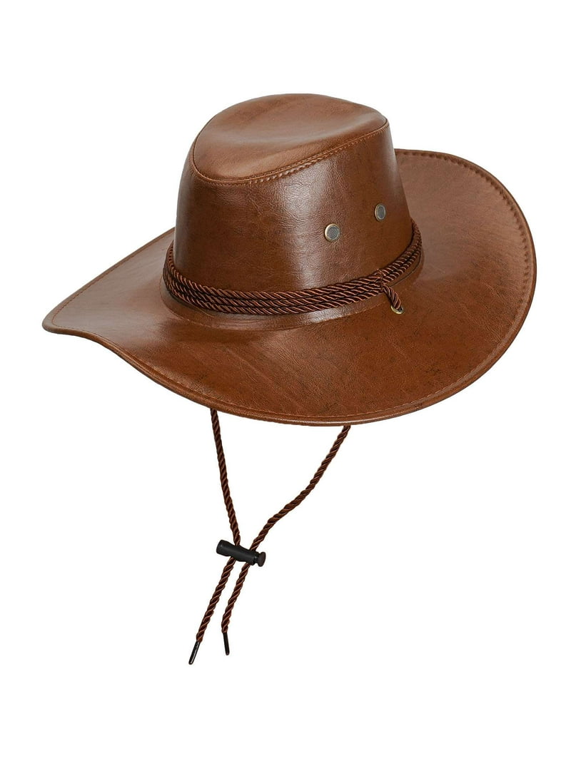 PULLIMORE PU Leather Cowboy Hat Adjustable Chin Strap, Sun