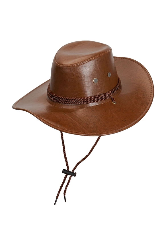PU Leather Cowboy Hat - Adjustable Chin Strap, Sun Protection Brim, Breathable Mesh (Coffee)