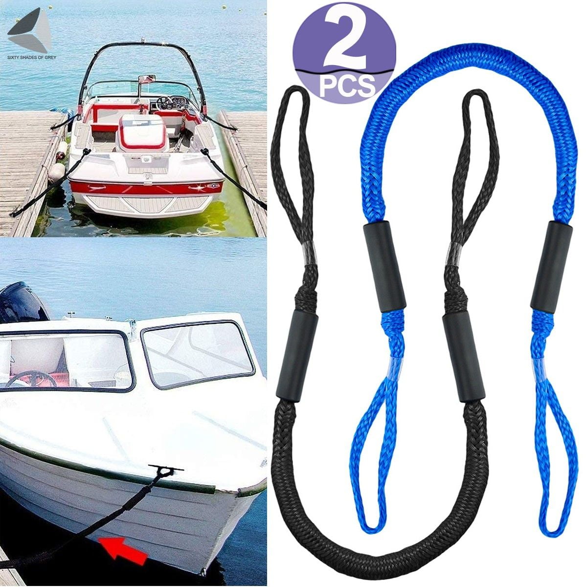 2-Pack Boat Bungee Dock Line with Hook Mooring Rope Boat Accessories for  Boath
