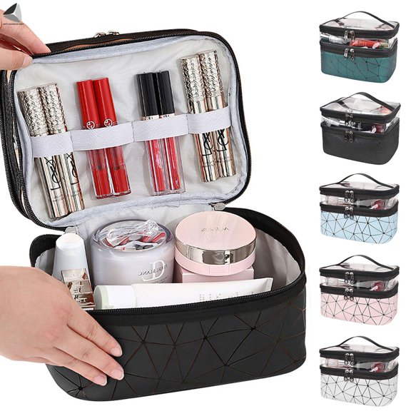 PULLIMORE Portable Travel Makeup Bags Double Layer Cosmetic Cases Make Up Organizer Toiletry Bag for Women and Girls (Blue)