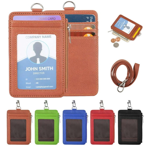 PULLIMORE Professional ID Badge Holder with Neck Lanyard, 2-Sided PU Leather Card Holder for Women Men Work Student ID Card (Red)