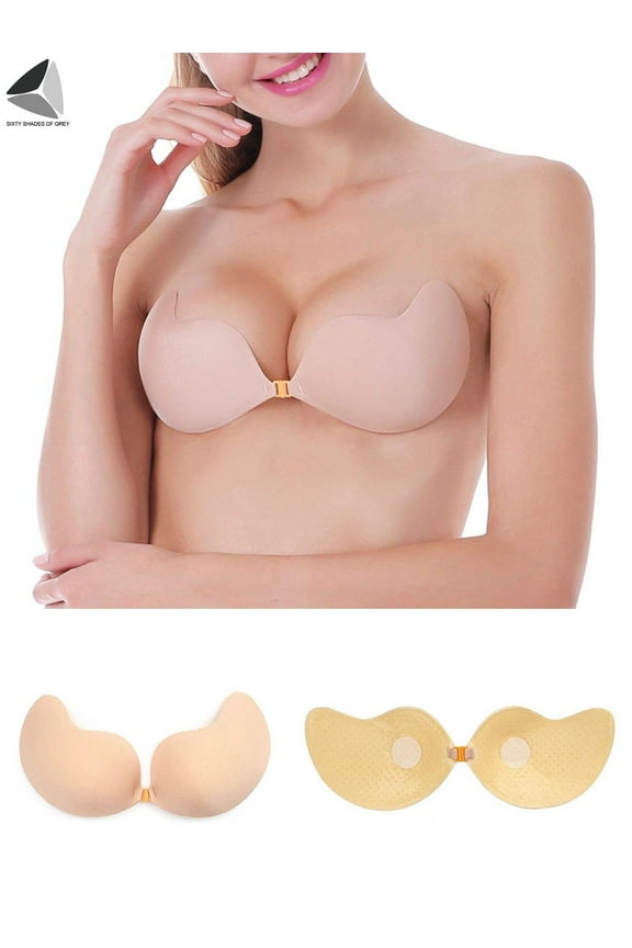 Push Up Adhesive Bra Chest Gathered V Neck Silicone Bras Strapless Backless Invisible Bras (Cup B, Skin)