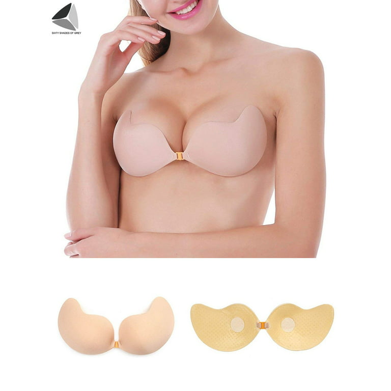 PULLIMORE Push Up Adhesive Bra Chest Gathered V Neck Silicone Bras  Strapless Backless Invisible Bras (Cup C, Skin)