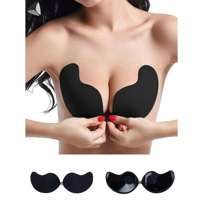 PULLIMORE Push Up Adhesive Bra Chest Gathered V Neck Silicone Bras  Strapless Backless Invisible Bras (Cup D, Black)