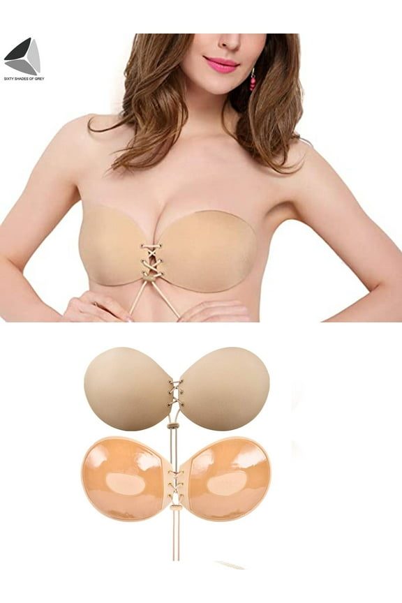 Push Up Adhesive Bra Reusable Backless Sticky Bras for Backless Wedding String Dress (Cup D, Skin)