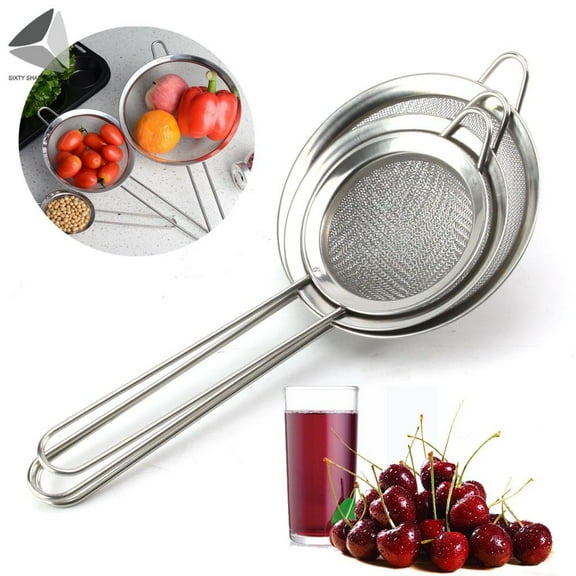 PULLIMORE Set of 3 Fine Mesh Stainless Steel Strainers Colanders Flour Sifters Tea Strainer with Wide Resting Ear for Loose Tea, Kitchen, Food, Drain and Rinse Vegetables