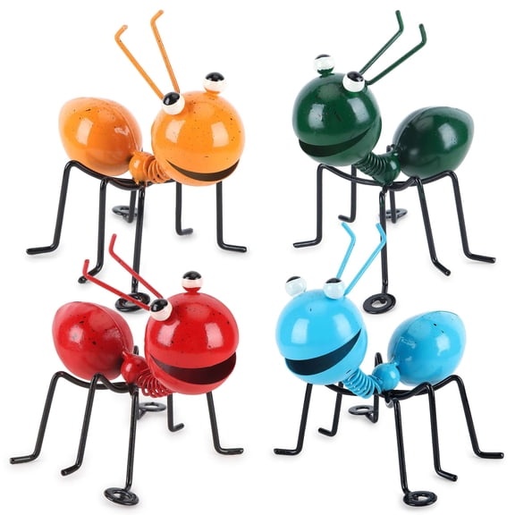 PULLIMORE Set of 4 Whimsical Metal Ant Decor - Colorful Garden & Indoor Decoration with Adjustable Spring Neck