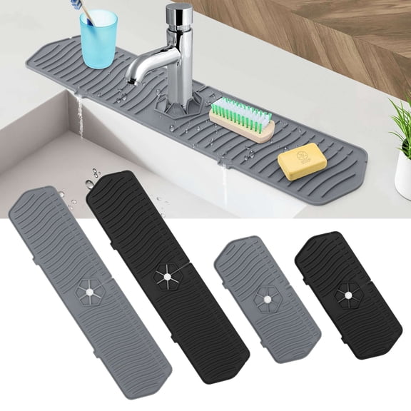 PULLIMORE Sink Splash Guard Mat, Silicone Faucet Handle Drip Catcher Tray Sink Protective Mat for Kitchen Bathroom (S,Black)