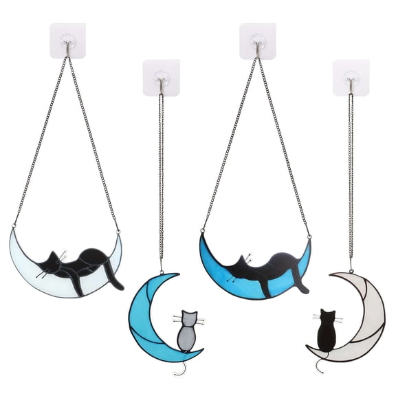 PULLIMORE Sleeping Black Cat on Moon Stained Glass Windows Hangings,Cat Memorial Gifts,Cat Lovers for Black Cat Halloween Decor (Type-A)