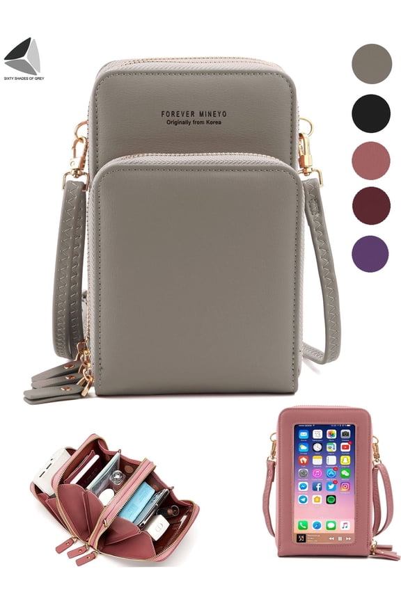 Small Crossbody Phone Bags with Touch Screen Window PU Leather Cellphone Purse Wallet Handbags (Gray)