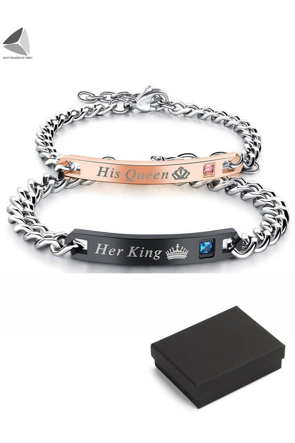 Stainless Steel Couple Bracelets His Queen Her King Bracelets for Couples Jewelry Matching Set Christmas Anniversary Valentine's Day Gift (2 Pcs)