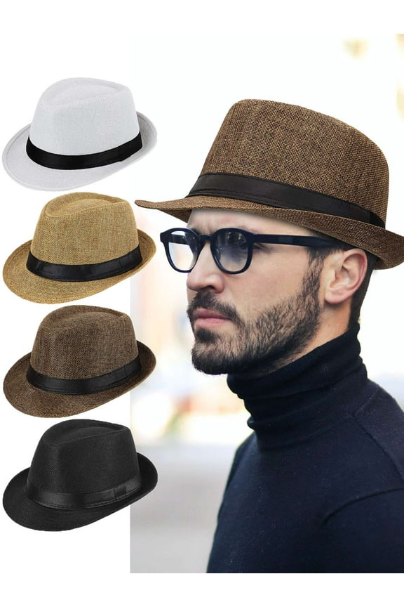 Straw Fedora Hat for Men Summer Trilby Cuban Sun Cap Panama Short Brim (Coffee)
