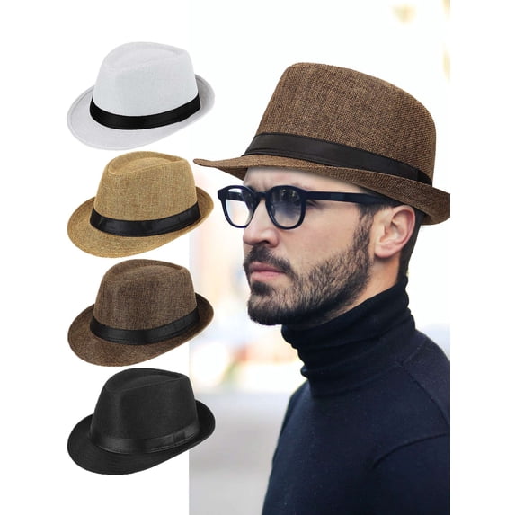 PULLIMORE Straw Fedora Hat for Men Summer Trilby Cuban Sun Cap Panama Short Brim (Yellow)