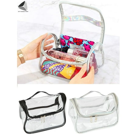 PULLIMORE Travel Clear Makeup Bag Zipper Waterproof Transparent Portable Storage Pouch Cosmetic Toiletry Bag With Handle (Black + White)