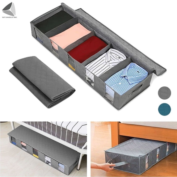 PULLIMORE Under Bed Storage Bag Clothes Blankets Organizer with Clear Window Reinforced Handles (Blue)