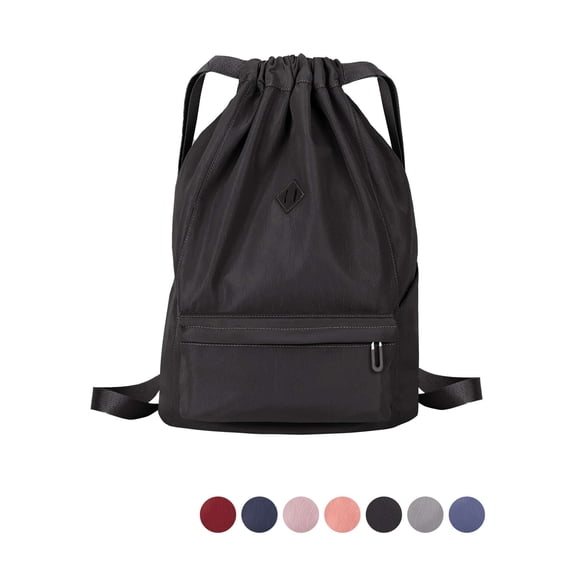 PULLIMORE Unisex Drawstring Backpack String Bag Sack Water Resistant Nylon for Gym Shopping Sport Yoga (Black)