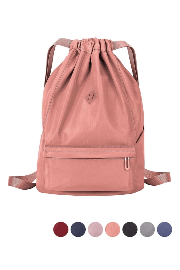 Unisex Drawstring Backpack String Bag Sack Water Resistant Nylon for Gym Shopping Sport Yoga (Pink)