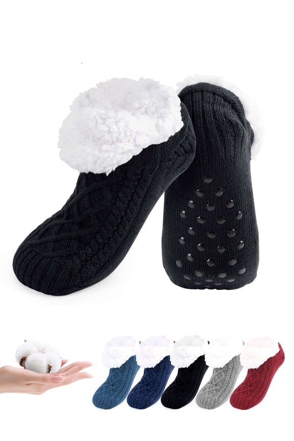 Warm Fluffy Fleece Lining Slipper Socks with Non-Slip Grippers, Winter Indoor Floor Socks for Men Women (Black)