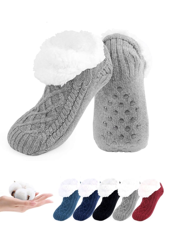 Warm Fluffy Fleece Lining Slipper Socks with Non-Slip Grippers, Winter Indoor Floor Socks for Men Women (Gray)