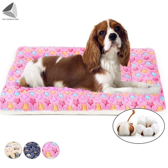 PULLIMORE Warm Soft Pet Dog Bed with Cute Prints, Reversible Fleece Crate Bed Mat Machine Washable For Small Medium Large Dog Cat (M, Pink)