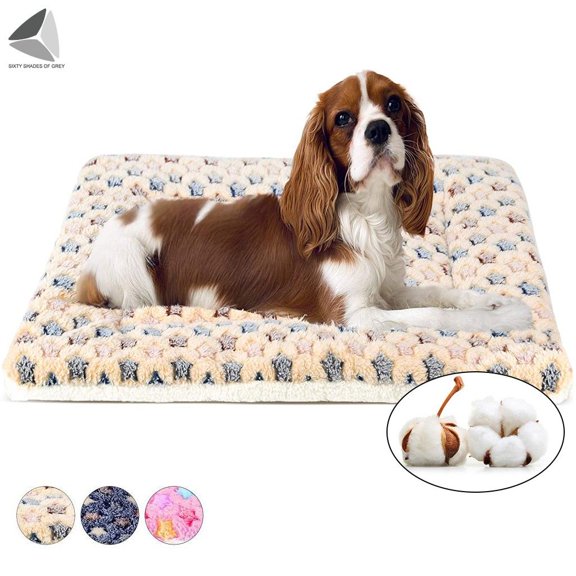 PULLIMORE Warm Soft Pet Dog Bed with Cute Prints, Reversible Fleece Crate Bed Mat Machine Washable For Small Medium Large Dog Cat (XL, Yellow)