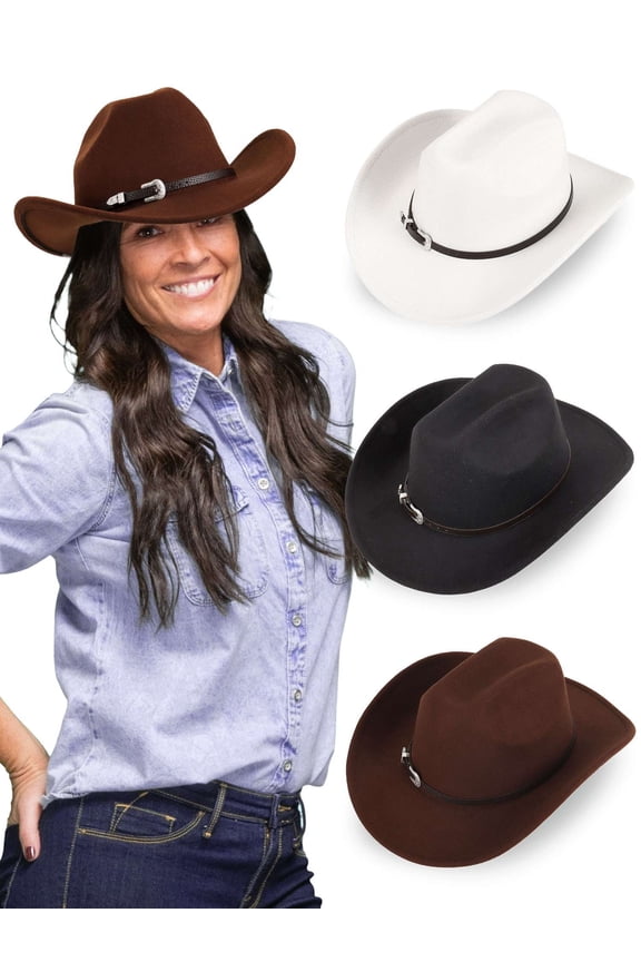 Western Cowboy Hat Men Women, Wide Brim Felt Cattleman Hat Leather Belt