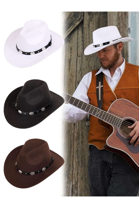 Western Cowboy Hat for Men Women Felt Classic Roll Up Fedora Hat with Buckle Belt (Black)