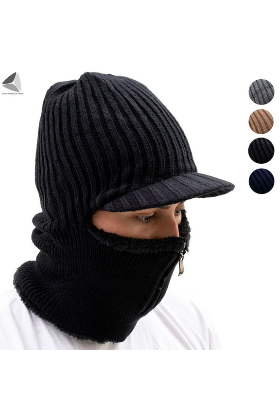 Winter 2 In 1 Beanie Knitted Hats for Women Men Slouchy Fleece Lined Warm Skull Caps with Zipper Face Mask for Cycling Skiing Running (Black)