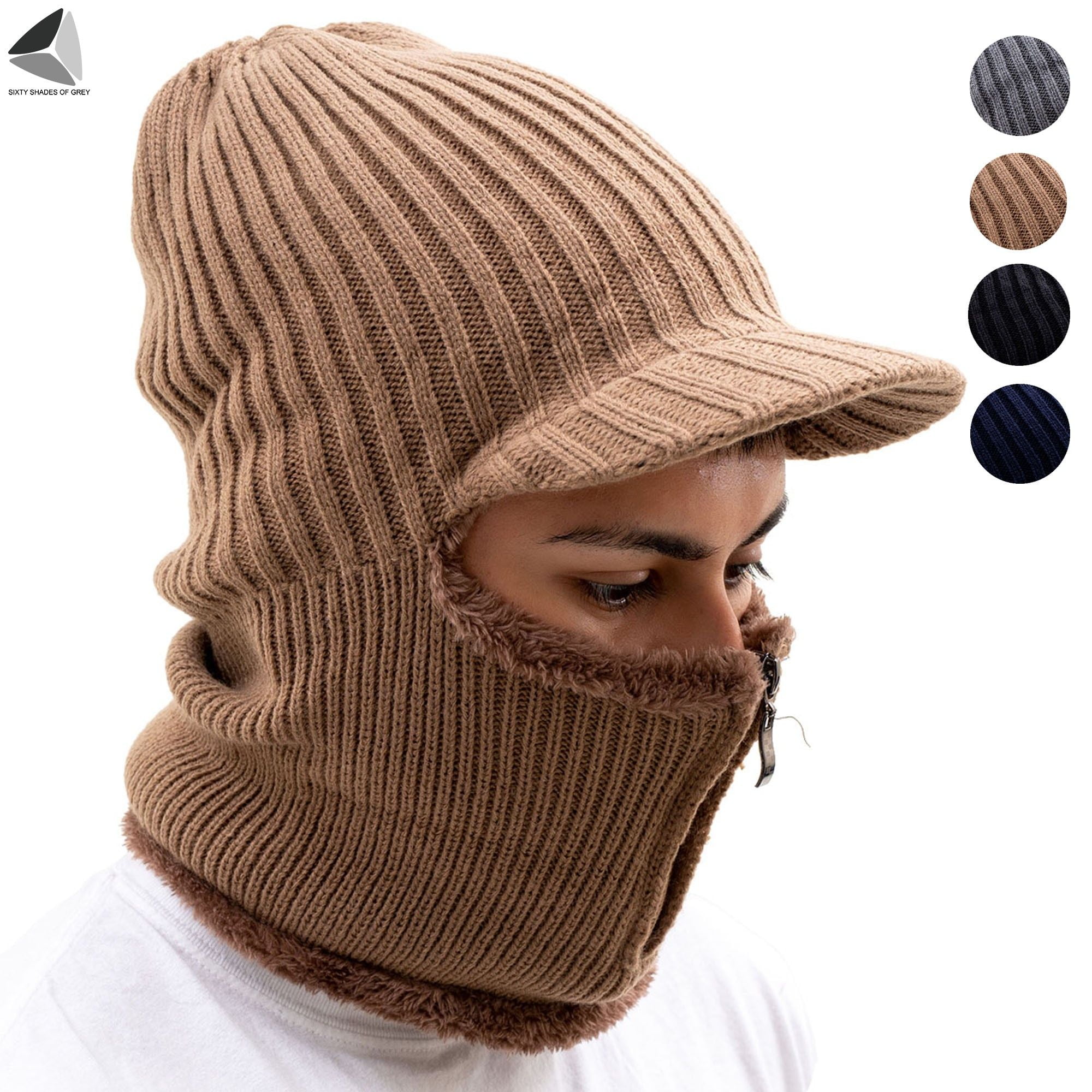 PULLIMORE Winter 3 In 1 Beanie Knit Hats for Women Men Fleece Lined Warm  Skull Caps with Zipper Face Mask and Ear Flap for Cycling Skiing Running