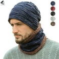 thumbnail image 1 of PULLIMORE Winter Beanie Hat Scarf Set for Men Women Thick Warm Knit Skull Cap Circle Scarf Set with Fleece Lining (Dark Blue), 1 of 9