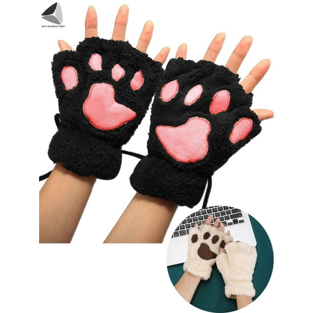 Hello Kitty Plush Himine Cat Paw Fingerless Gloves Plush Winter