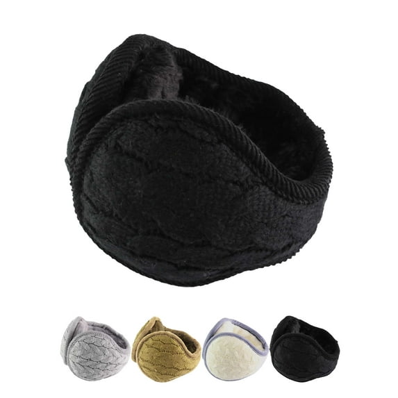 PULLIMORE Winter Earmuffs for Women Men Foldable Warm Ear Muffs Cable Knit Fleece Ear Warmer (Black)